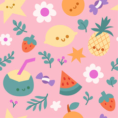 Stylish summer beach elements seamless background. Tropical pattern. Modern hand-drawn print for fabric, surface, wallpaper.