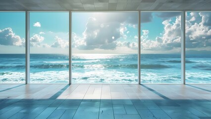 Serene ocean view virtual yoga room backdrop for tranquil meditation. Concept Virtual Yoga Room, Ocean View Backdrop, Serene Meditation, Tranquil Setting