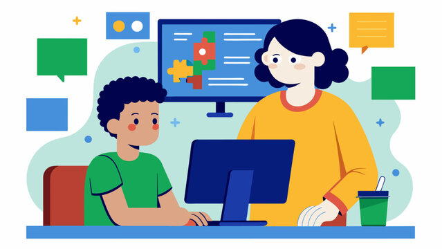 A person with autism engrossed in a computer coding and explaining the intricate details of computer programming to a curious bystander.. Vector illustration