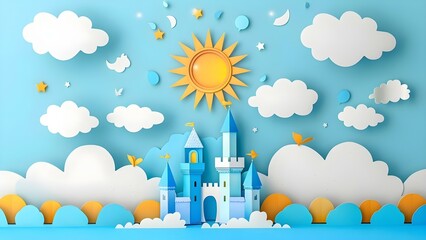 "D Papercut Fairytale Invitation Featuring Castles, Clouds, Sun, and Magic". Concept Fairytale, Papercut, Invitation, Castles, Magic