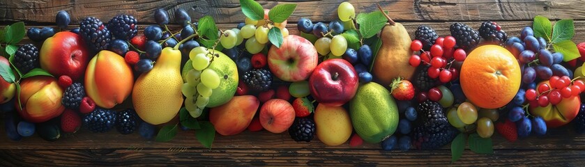 Produce a vibrant, photorealistic image of a birds-eye view of a bountiful display of fresh, ripe fruit on a rustic wooden table under soft natural light Capture the textures and colors of the fruits