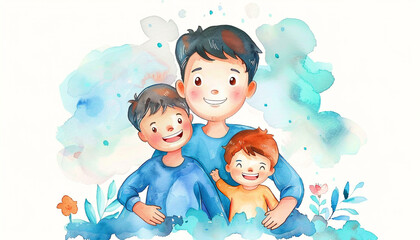 Colorful illustration of father and son in watercolor painting style - ai generative
