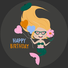 Flat Design Happy Birthday with Mermaid at Sunglasses,Balloons,Daisy