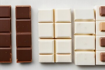 White and milk chocolate isolated. Top view of various chocolate bars