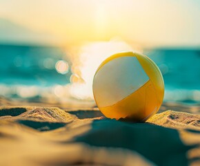 Close up of a yellow beach ball on the sand at sunset - Powered by Adobe