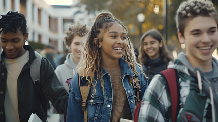 A group of diverse students walking together with backpacks and books, smiling and chatting, capturing the excitement and camaraderie of going back to school