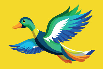 A colorful bird with a yellow background flying in the sky