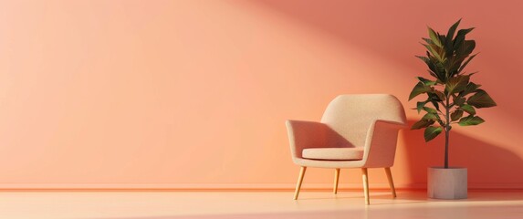 A minimalist interior scene with an armchair and plant, set against a solid peach background.