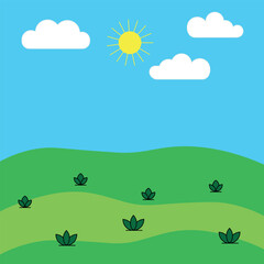 Beautiful colored vector illustration of summer landscape green and blue with white clouds and sun