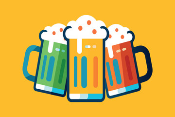 Three colorful beer mugs are shown with foam on top