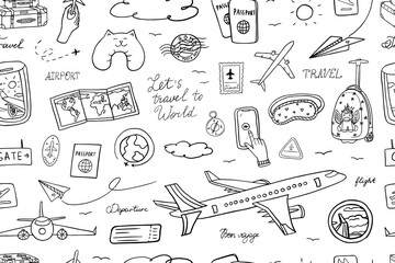 Seamless pattern of travel theme in doodle style. Suitcase, baggage, plane, fly, ticket, postcard, flight, boarding pass, clouds, view from the window, passport stamp, passport. Hand drawn