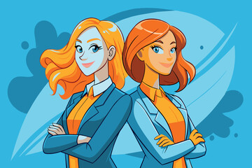Two women are standing next to each other, both wearing business suits