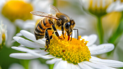 A bee on a chamomile, pollination - obrazy, fototapety, plakaty
