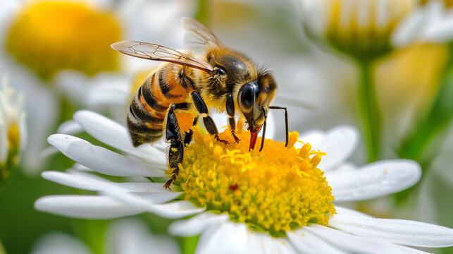 A bee on a chamomile, pollination