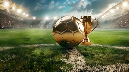 Thrilling Soccer Stadium with Golden Trophy and Football Under Bright Lights Generative ai