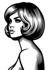 woman with classic bob haircut showcasing a look of confidence and timeless style sketch engraving generative ai fictional character PNG illustration. Scratch board imitation. Black and white image