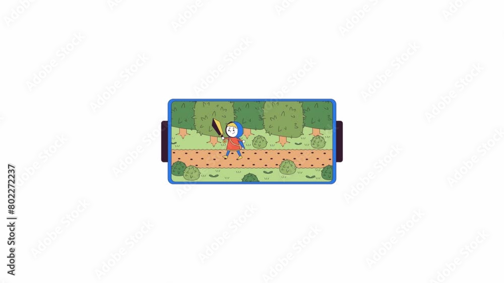 Aufkleber arcade adventure game on phone line 2d object animation. platform level. smartphone rpg flat color c