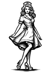 retro nurse in a stylish uniform, featuring playful pose that combines professional attire with vintage charm sketch engraving generative ai PNG illustration. Black and white image.