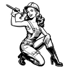 Fototapeta premium retro-styled worker woman in work attire, confidently wielding hammer sketch engraving generative ai fictional character PNG illustration. Scratch board imitation. Black and white image.