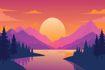 A beautiful mountain landscape with a large orange sun in the sky