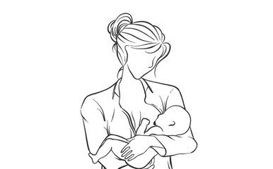 Black and white line art drawing of mother breastfeeding her baby. Fit for motherhood illustration,...