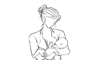 Black and white line art drawing of mother breastfeeding her baby. Fit for motherhood illustration, world breastfeeding week event and childbirth.