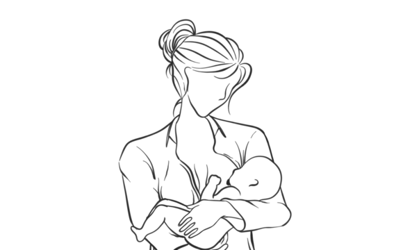 Black and white line art drawing of mother breastfeeding her baby. Fit for motherhood illustration, world breastfeeding week event and childbirth.