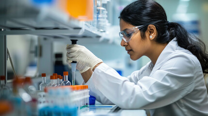 Side View Of An Indian Female Scientist Using A Micro Pipette In A Test Tube For Test Analysis In A Laboratory