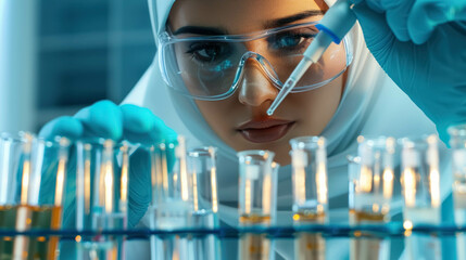 Close Up View Of An Arab Female Scientist Using A Micro Pipette In A Test Tube For Test Analysis In A Laboratory