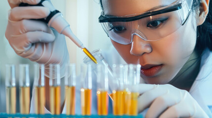 Close Up View Of An Asian Female Scientist Using A Micro Pipette In A Test Tube For Test Analysis In A Laboratory
