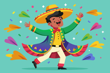 Celebración del Cinco de Mayo: Bailarín Mexicano de Folklore en Traje Colorido Girando con Espíritu Festivo
