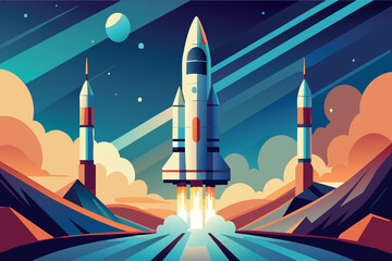 Fototapeta premium A space rocket is launching into the sky with a backdrop of mountains