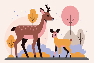 A deer and its fawn stroll peacefully through an autumn landscape