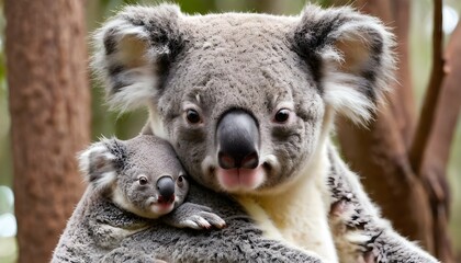 A Koala With Its Baby Nestled In The Safety Of Its