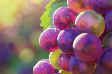 Fototapeta premium Render the rear perspective of a cluster of organic grapes, each grape glistening in natural light, showcasing the varying shades of purple and green, inviting the viewer to reach out and pluck one