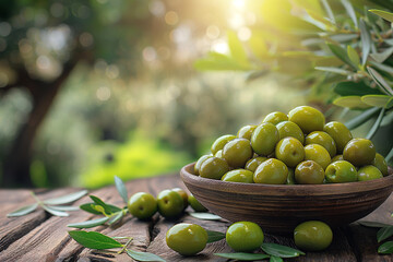 “Sun-Kissed Olives” A bowl of fresh, green olives glistens under the warm sunlight, surrounded by olive branches on a rustic wooden surface.
