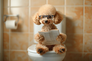 A poodle with a newspaper is sitting on the toilet