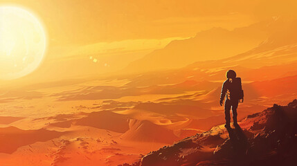 Astronaut exploring the vast Martian landscape at sunset