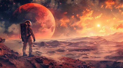 Astronaut exploring the Mars-like alien landscape at sunset