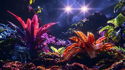 Vibrant alien plants under twin stars hint at diverse extraterrestrial life forms. Concept Extraterrestrial Ecosystems, Alien Flora, Twin Stars, Diverse Life Forms