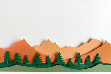 Minimalist cutout paper mountain range with trees in shades of orange