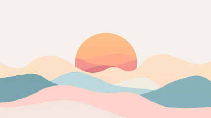 Minimalist  art of a serene sunset over colorful hills