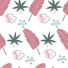 Tropical pattern of leaves and simple geometric shapes. Seamless vector pattern with exotic leaves in pastel colors. Background summer design for textiles.