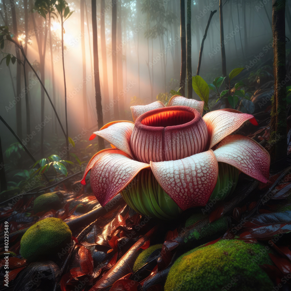 Wall mural Generative AI The Beauty of Rafflesia Arnoldii Flowers, beautiful Rafflesia Arnold flowers in the middle of a beautiful forest, rare beautiful flowers in the middle of the forest, rare flowers