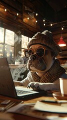 3D render of a Boxer dog wearing aviator glasses and a knit cap, busy on a laptop, with a steamy mug of coffee nearby,
