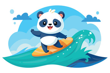 A cartoon panda is riding a surfboard on a wave