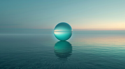 Ethereal sphere floating on tranquil ocean at sunset