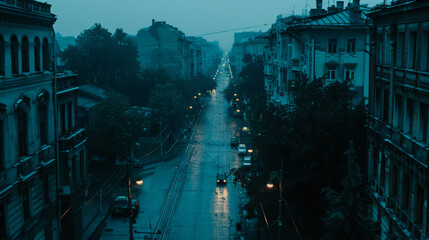 Fototapeta premium Rainy cityscape with glowing street lights at dusk
