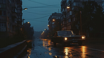 Vintage car driving on a rain-soaked street at dusk