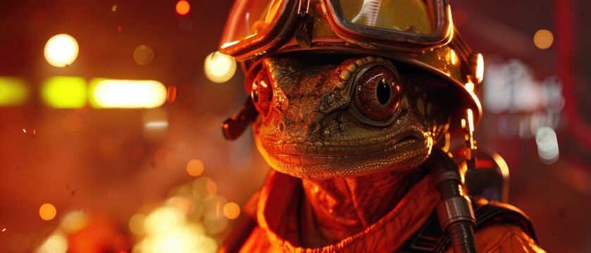 A salamander in a fireproof suit, acting as a firefighter in a 3D-rendered emergency drill scenario